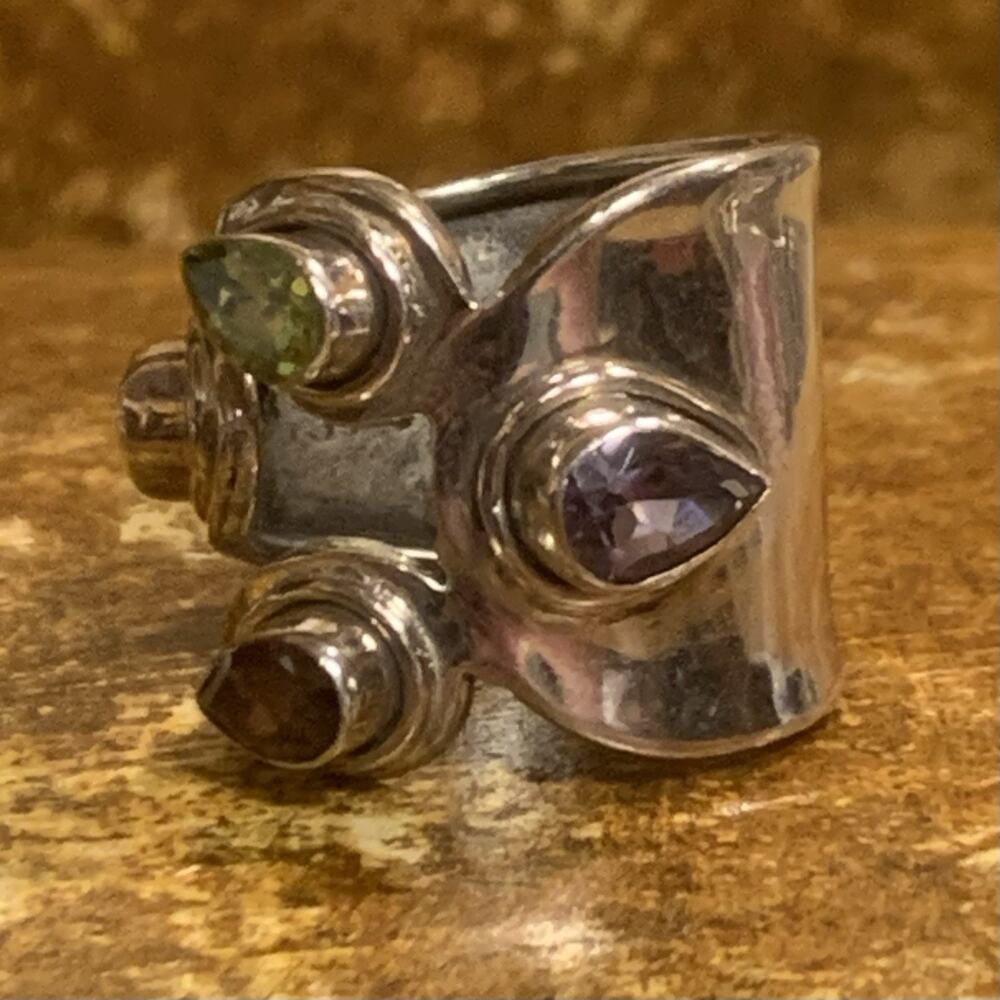 Sterling Silver, Amethyst, Peridot and Garnet Adjustable Ring